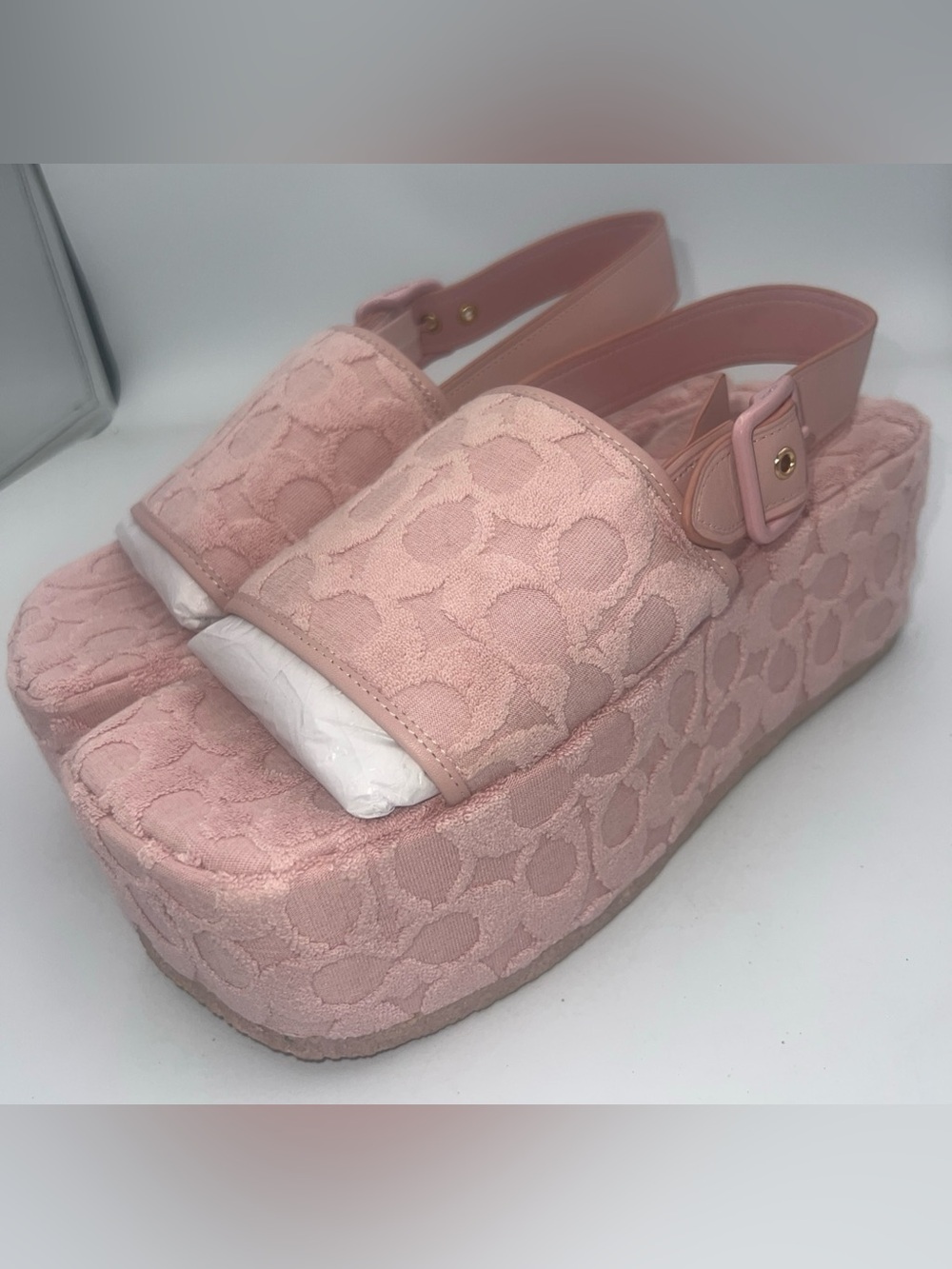 COACH Noelle Terry Cloth Leather Strap Platform Sandals Signature Mono Pink SZ 9